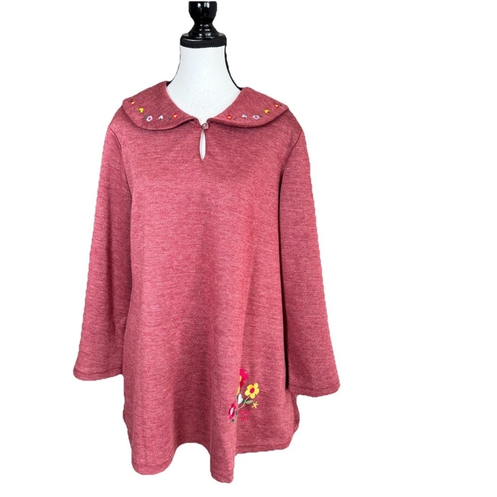 Peter Pan Collar A-Line Burgundy Twee Tunic Top Dress Size*M Embroidered Korean - Picture 3 of 7
